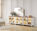 WAMPAT Modern TV Stand for 100 Inch TV, Wood TV Cabinet Entertainment Center for 95/90/85 Inch TV, Large Kitchen Buffet Cabinet with 6 Glass Door for Dining Room & Living Room, White WAMPAT