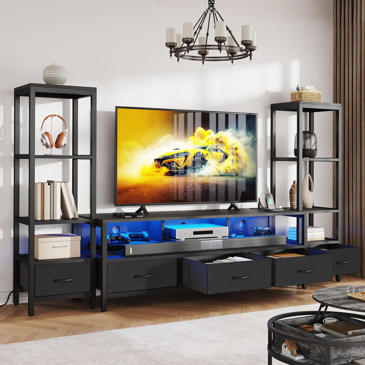 DWVO Entertainment Center with Bookshelves, LED TV Stand for 65/60 inch TV, Black TV Stand for Living Room with 2 Modern 4-Tier Bookshelves & Power Outlets, Black DWVO