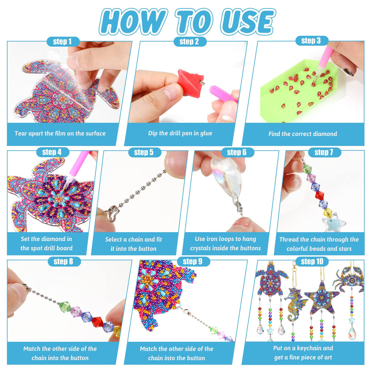 Tigeen 4 Pcs Diamond Art Painting Suncatchers, Ocean Themed Decorations Double Sided Crystal Sea Animal Wind Chime DIY Diamond Painting Animals Crystal Hanging Ornament with Chain for Adults Home Tigeen