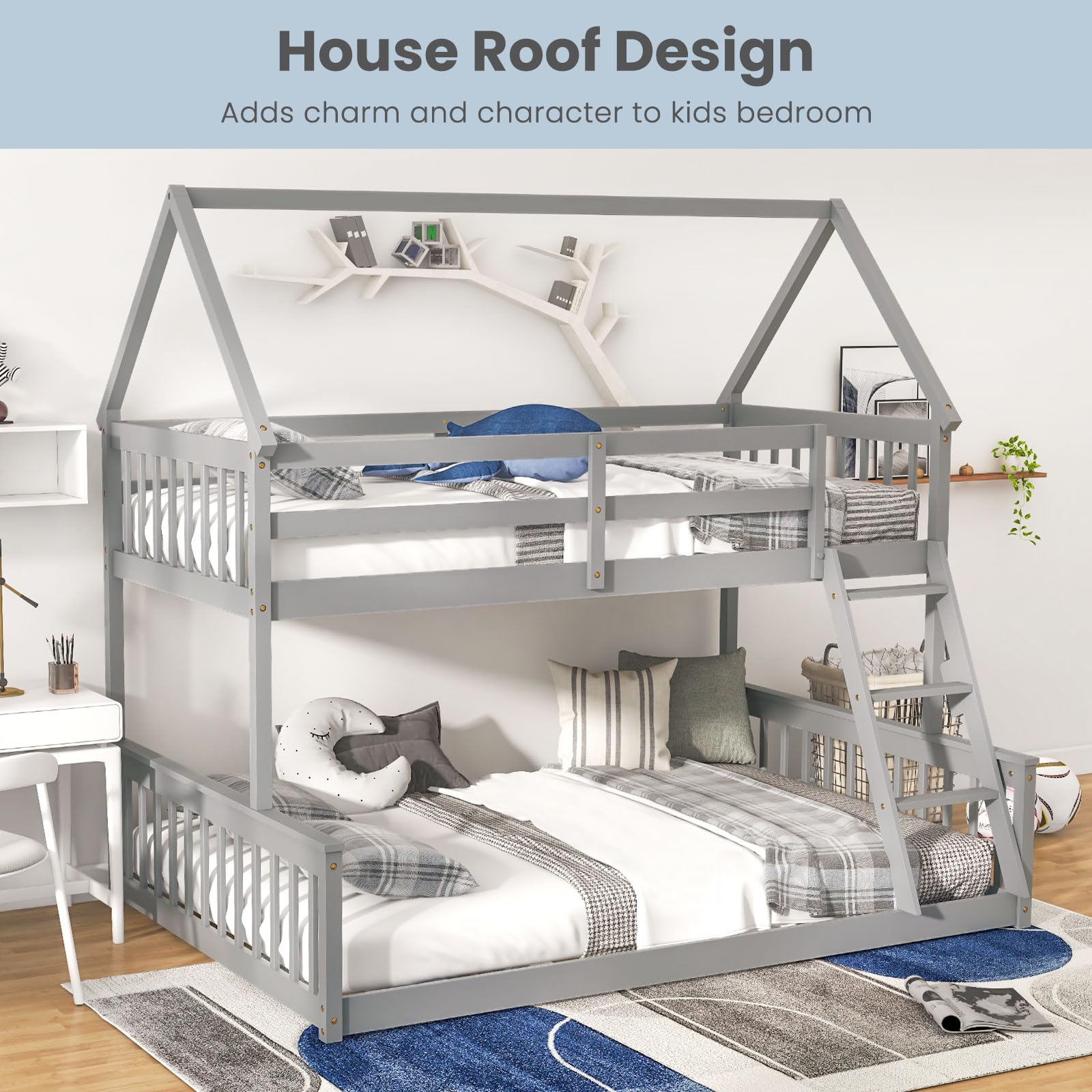 KOMFOTT Grey Twin Over Full House Bunk Bed with Integrated Ladder and Safety Guardrails - WoodArtSupply