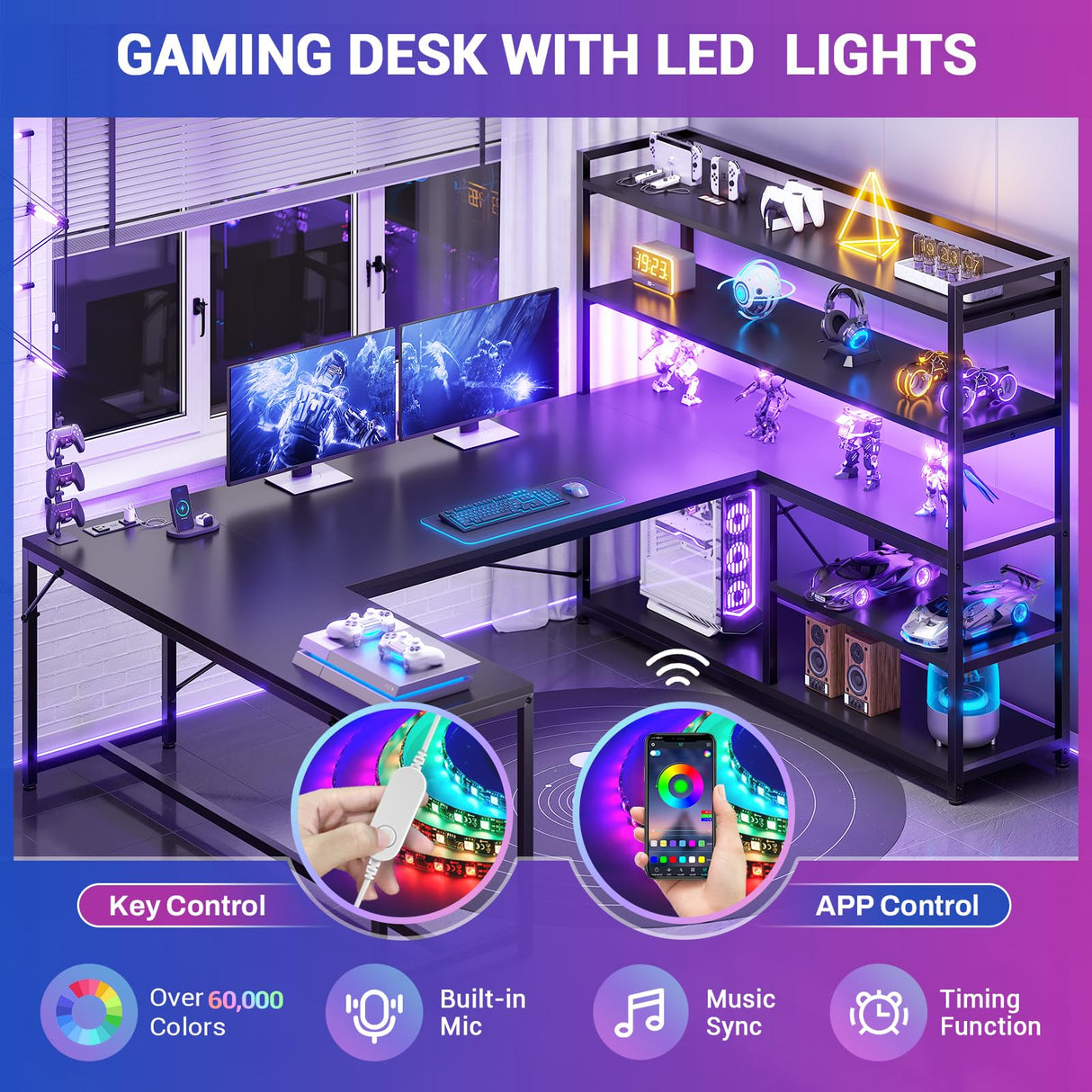 SEDETA L Shaped Gaming Desk, 63'' Reversible Computer Desk with Power Outlet and Storage Shelves, Corner Gaming Desk with LED Lights, Bookshelf for Home Office, Black SEDETA