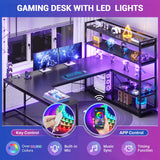 SEDETA L Shaped Gaming Desk, 63'' Reversible Computer Desk with Power Outlet and Storage Shelves, Corner Gaming Desk with LED Lights, Bookshelf for Home Office, Black SEDETA