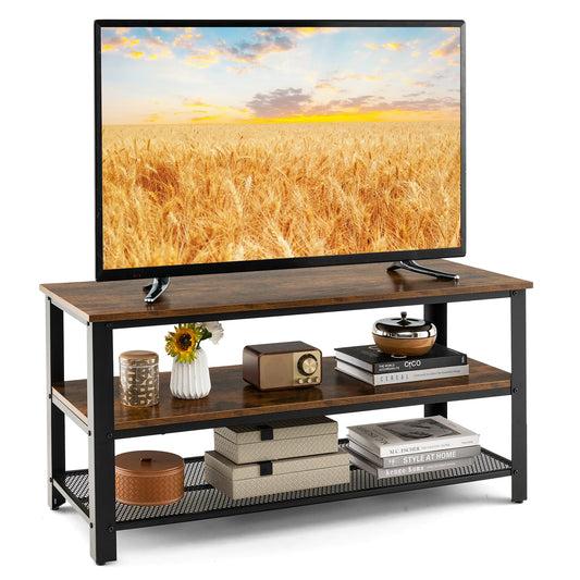 Tangkula Small TV Stand for TVs up to 50 inch, 43.5” Wood Media Entertainment Center w/ 3-Tier Open Storage Shelves, Metal Frame, Farmhouse TV Console Table for Living Room Bedroom (Rustic Br - WoodArtSupply