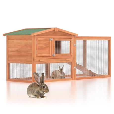 GOJOOASIS Outdoor Rabbit Cage Bunny Hutch Chicken Coop Wooden Hen House Guinea Pig Cages Poultry Pet Hutch Run Cage w/Waterproof Asphalt Roof, Ramp, Wire Fence (60") GOJOOASIS