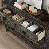 Modern Farmhouse Wood Dresser for Bedroom, Rustic 6 Drawer Dresser with Vintage Black Antique Handle, Double Dresser and Chest of Drawers for Hallway, Rustic Brown Oak HOUROM