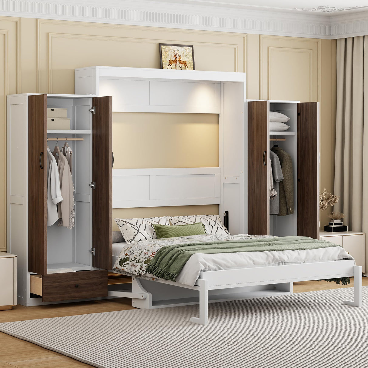 Flieks Full Size Murphy Bed, Wooden Full Wall Bed with Closet, Drawers and Desk, White Flieks