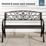 MFSTUDIO 50 Inches Outdoor Garden Bench, Cast Iron Metal Frame Patio Park Bench with Floral Pattern Backrest, Arch Legs for Porch, Lawn, Yard-Bronze MFSTUDIO