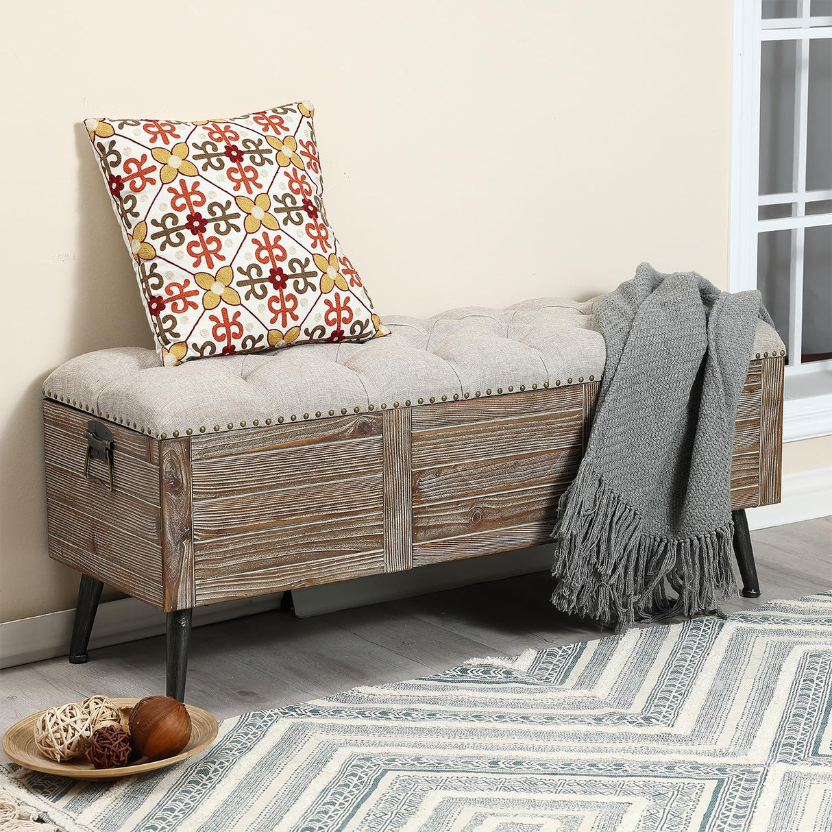 LuxenHome Storage Bench for Bedroom, 47" Wood Upholstered Bench with Storage and Seating, Luxury Beige and Brown Farmhouse End of Bed Bench, Storage Ottoman Bench for Living Room/Bedroom/Entryway LuxenHöme