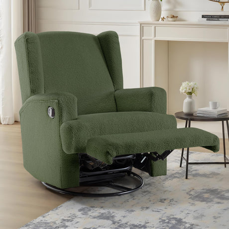 UIXE Swivel Glider Recliner Chair for Adults, Boucle High Back Accent Chair Nursery Rocker for Living Room, Upholstered Manual Reclining Sofa Seating with Deep Seat - Green UIXE