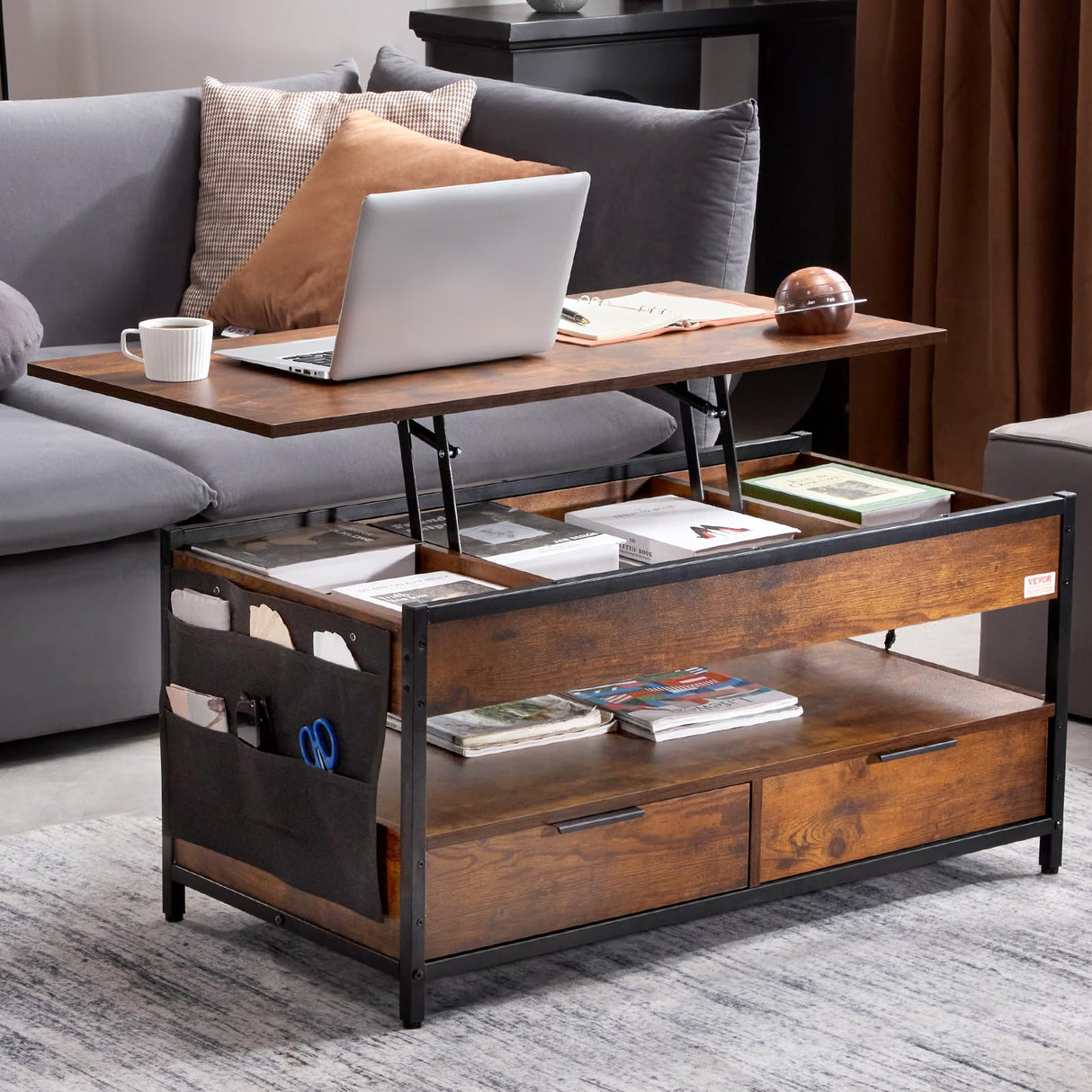 VEVOR Lift Top Coffee Table, 39.4 in Rectangle Coffee Table with Extra Storage Pockets, Pop Up Coffee Table with Power Strip & USB & Ambient Lighting for Living Room, Brown VEVOR