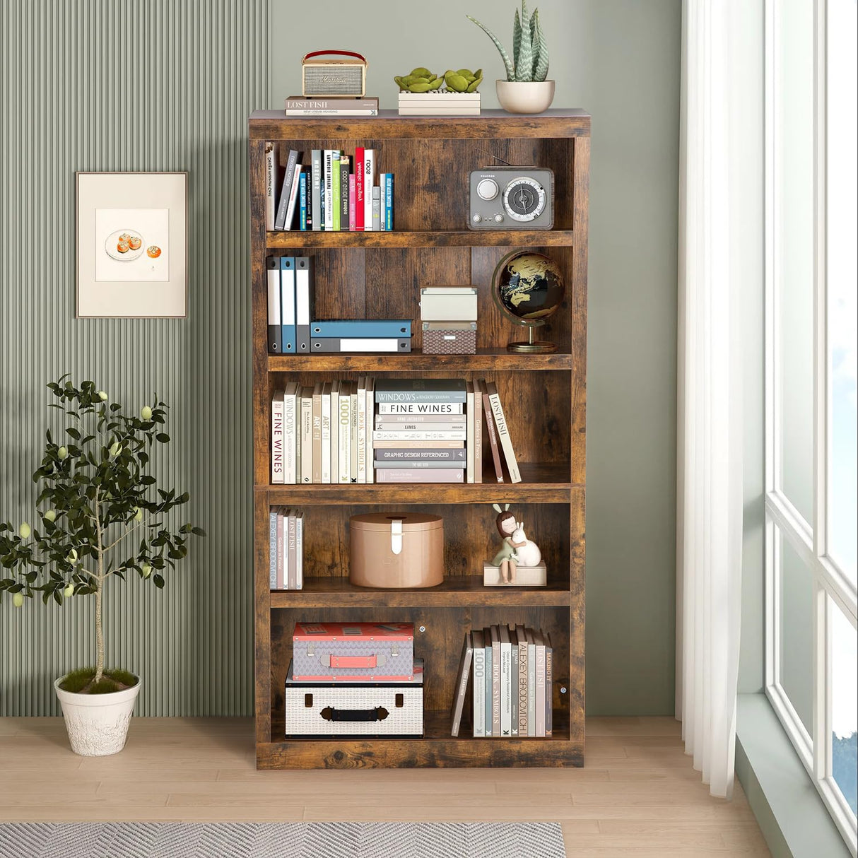 PayLessHere Modern Brown 5-Tier Bookshelf for Stylish Storage and Organisation PayLessHere