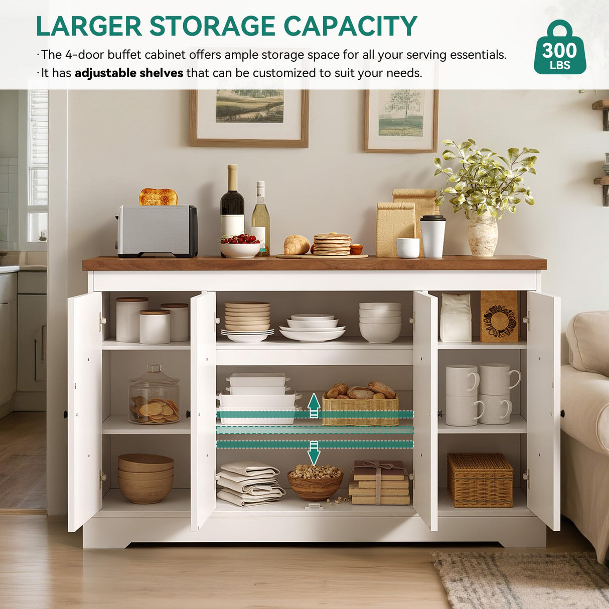 YITAHOME Sideboard Buffet Cabinet with Storage, 59" Buffet Storage with 4 Doors, Modern Farmhouse Coffee Bar Station Wood Kitchen Table with Adjustable Shelves for Kitchen, Living Room (White) YITAHOME