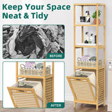 BAMBOOHOMIE Bamboo Tilt Out Laundry Hamper, 4-Tier Tilt Out Hamper for Laundry with Shelf & Removable Clothes Basket - Can Convert to 2-Tier Pull-Out Laundry Hamper & 2 Tier Freestanding Shelf, Beige BAMBOOHOMIE