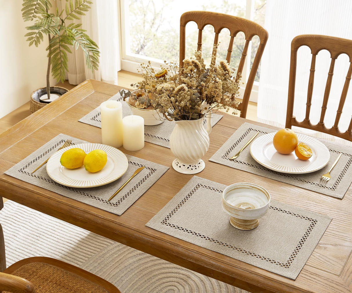 Aoztio Burlap Placemats Set of 4, 12 x 18 Inch Rustic Geometric Hollow Place Mats, Heat Resistant Placemats for Farmhouse Kitchen Table Decor, Coffee 4PCS Aoztio