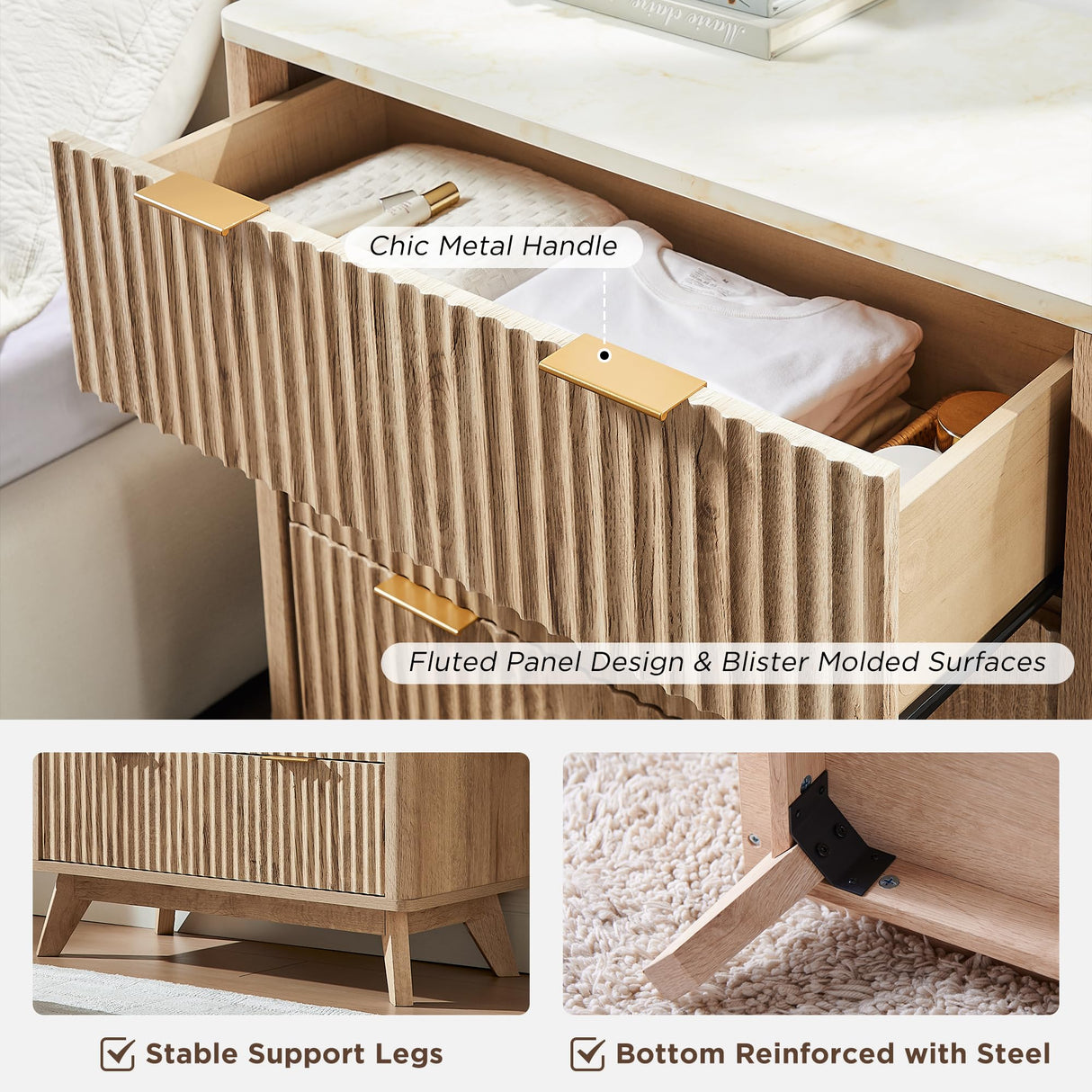 T4TREAM 32" Tall Fluted Nightstand Set of 2, Modern Side Table with Faux Marble Top, 3 Drawers End Table w/Storage, Bedside Table for Bedroom, Living Room, Curved Profile Design, Natural Oak T4TREAM