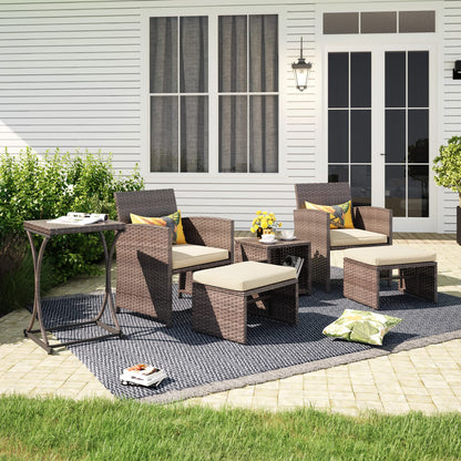 OC Orange-Casual 6 Piece Patio Wicker Furniture Set, Balcony All Weather Rattan Chair, with Space Saving Ottoman, Resin Nesting Coffee Table, Modern Design, Beige - WoodArtSupply