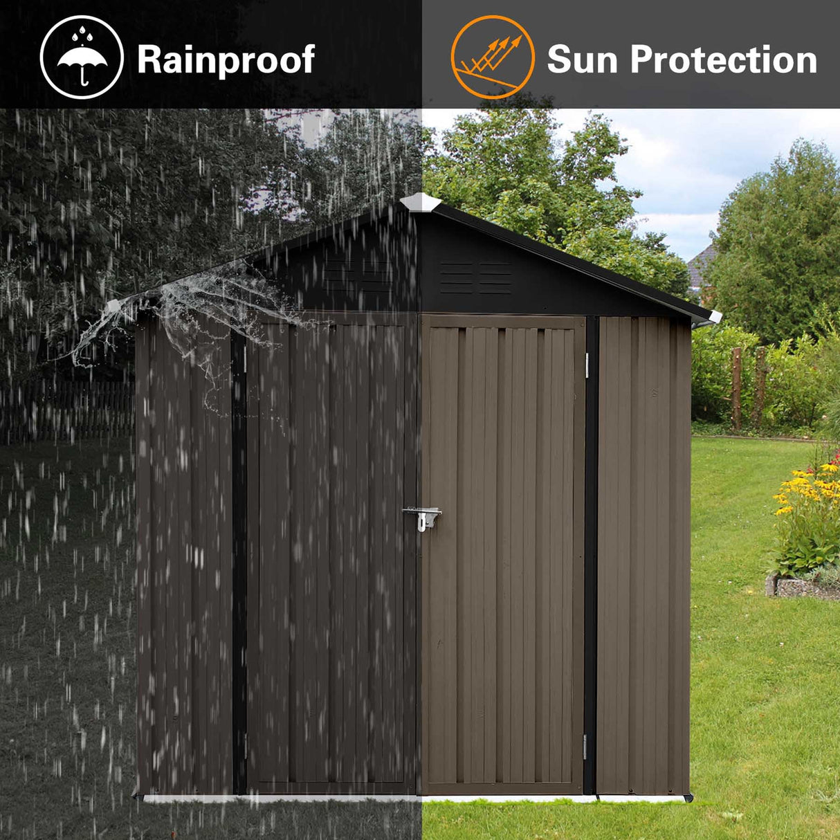 73” Outdoor Storage Cabinet with Lockable Door, 4FTx6FT Metal Storage Shed for Patio Garden, Apex Roof, Easy Assembly (Brown) Nahenduo