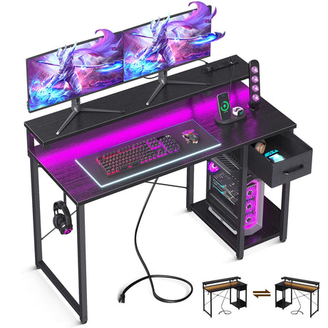 AODK Gaming Desk with LED Lights & Power Outlet, 48 Inch Computer Desk with Drawer, Reversible Desk with Adjustable Monitor Shelf & Headphone Hook for Home Office, Black AODK