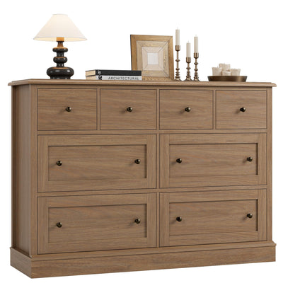 FINETONES 8 Drawer Dresser, 47.2" Chest of Drawers with Large Storage, Wood Dresser with Deep Drawers, Long Dressers & Chests of Drawers for Home Office, Walnut