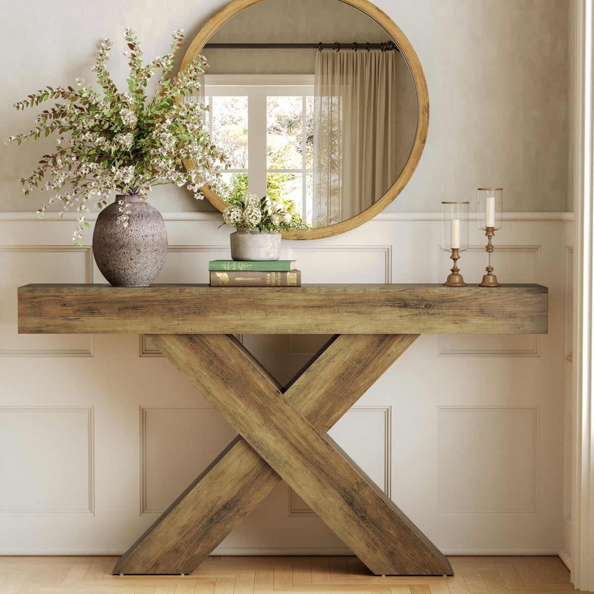 LITTLE TREE Narrow Console Table, 55-Inch Farmhouse Entryway Table, X-Shaped Couch Table Behind Sofa for Living Room, Entryway, Entrance, Foyer, Hallway, Rustic Brown LITTLE TREE