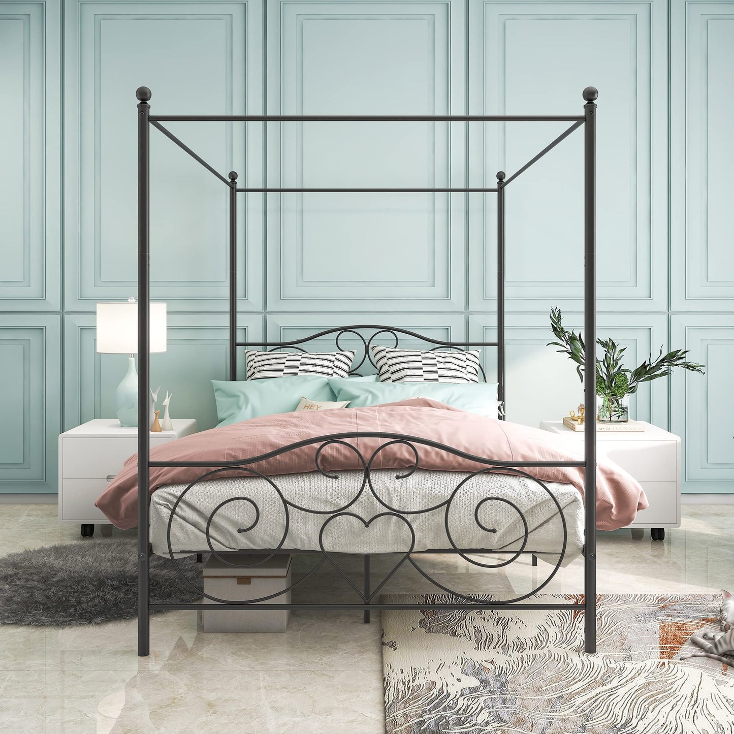 SYING88 Metal Canopy Bed Frame with Ornate European Style Headboard & Footboard Four-Poster Canopied Platform Bed/Sturdy Steel H/Under-Bed Storage Space/No Box Spring Needed/Easy Assembly/Black