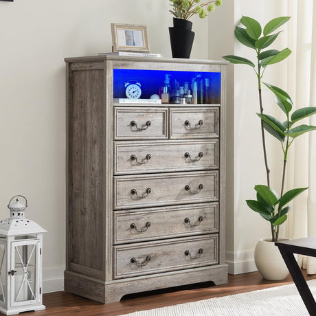 Homkdom Dresser for Bedroom with Charging Station & LED Light,Tall Dresser & Chests of Drawers with 6 Drawers,Vintage Gray Homkdom