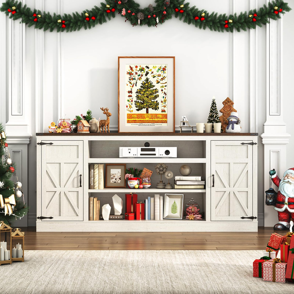 Hlivelood 75" Farmhouse TV Stand with Power Outlets for 85 Inch TVs, 33" Tall Entertainment Center with Storage Cabinets w/Adjustable Shelves, Rustic Large TV Media Console, Rustic White Hlivelood