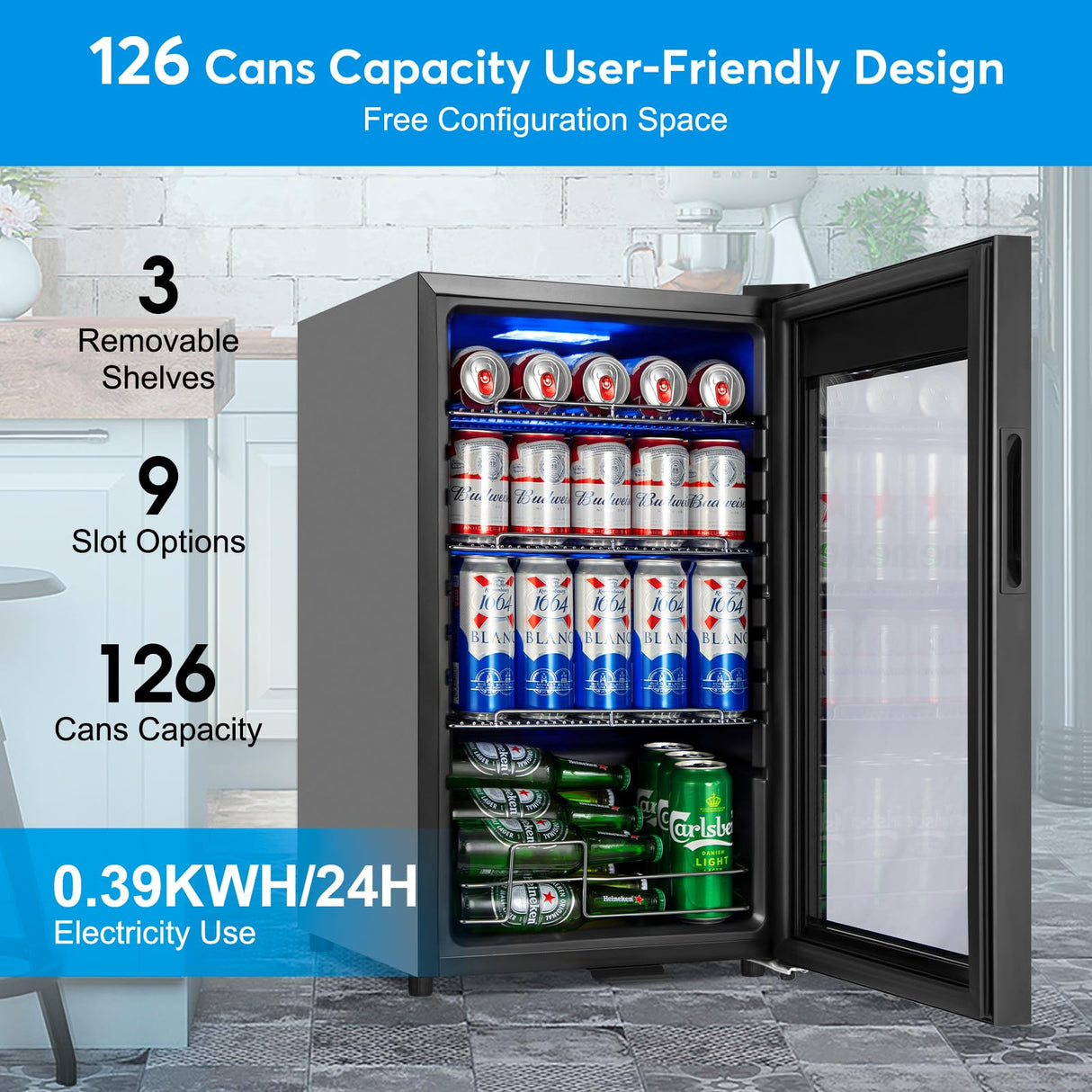 Beverage Refrigerator 17 inch Wide - 126 Can Beverage Cooler with Glass Door | Counter-Top/Freestanding Mini Beverage Beer Fridge | Temperature Memory | Invisible Door | Perfect for Soda, Beer FoMup