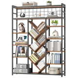 RALGEND Triple 7-Tier Bookshelf, Industrial Large Bookcase with 20 Open Display Shelves, Modern Tree Bookcase with Metal Frame and Hanging Function for Living Room, Home Office, Rustic Brown and Black RALGEND