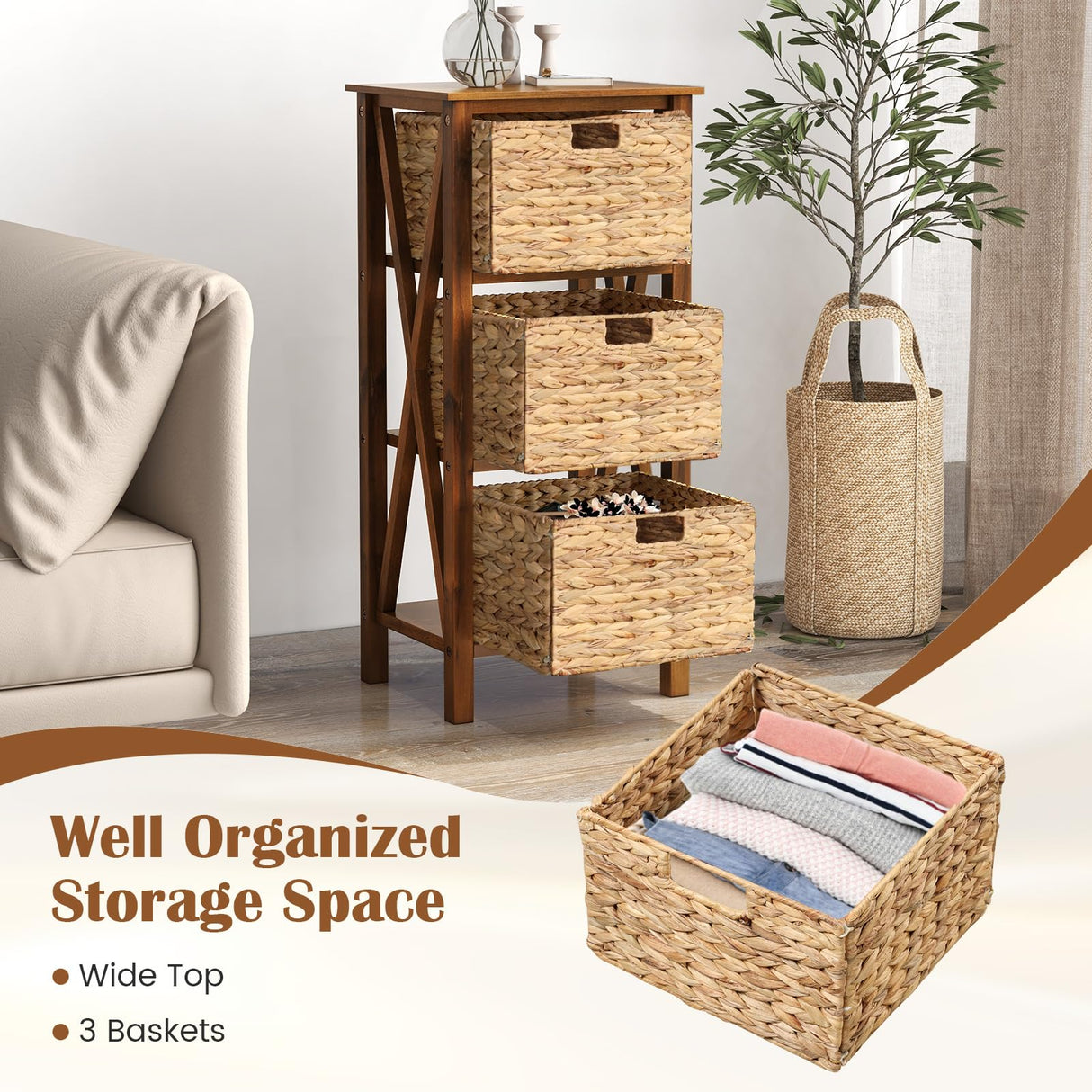 Giantex 3-Tier Nightstand with 3 Wicker Baskets, Wooden X-Design Side Table End Table, Beside Table with Acacia Wood Legs, Mid Century Accent Storage Cabinet for Small Spaces, Bedroom, Walnut Giantex