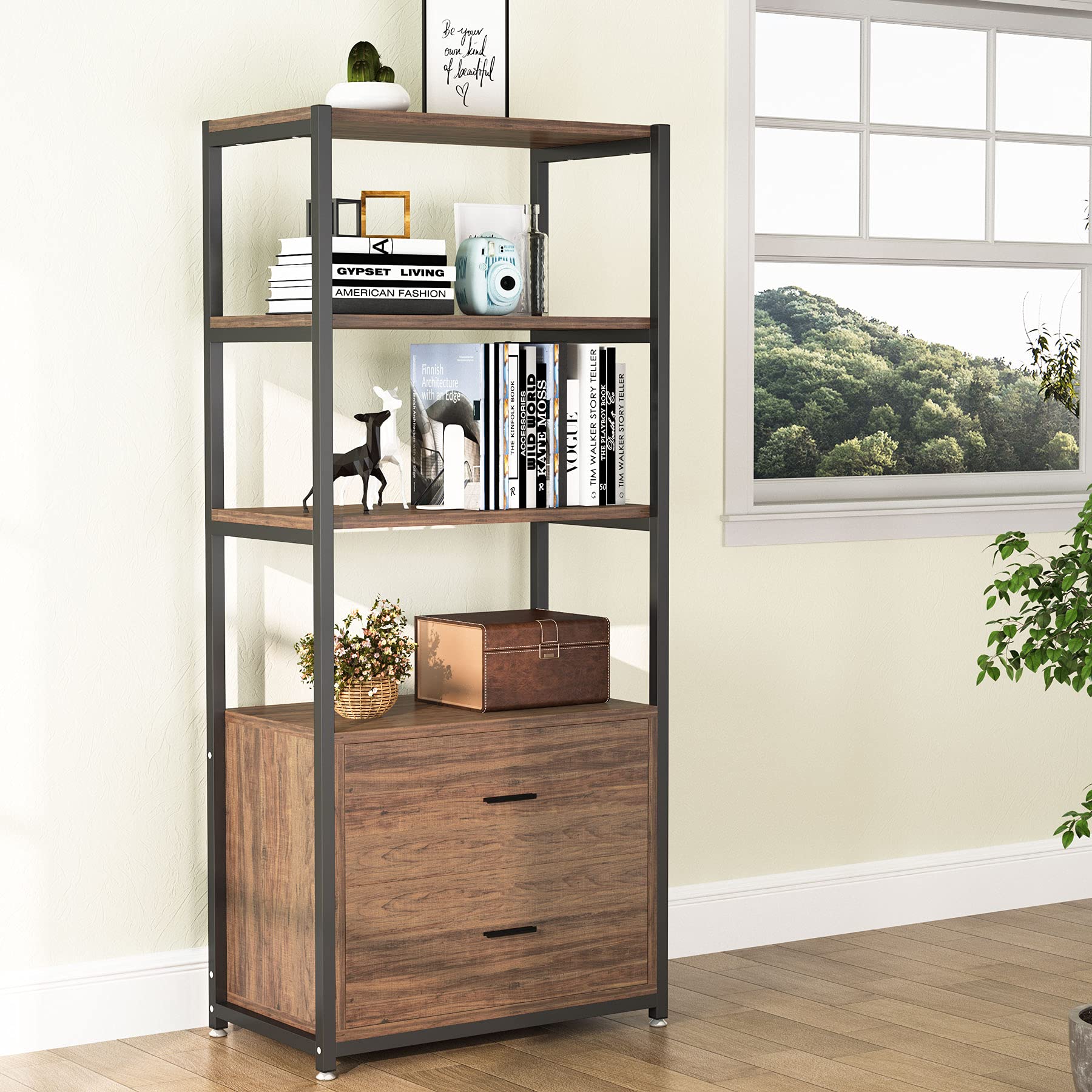 Rustic Industrial Etagere Bookcase with Drawers by Tribesigns - WoodArtSupply