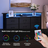 ELYKEN Black Dresser for Bedroom with LED Light & Charging Station, 9 PU Finish Fabric Drawers Dressers & Chest of Drawer with USB Outlet for for Entryway Closet Living Room Hallway ELYKEN