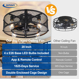 Depuley Flush Mount Ceiling Fan: 20" Caged Ceiling Fans with Lights and Remote App Control for Kitchen Bedroom Farmhouse - Rustic Low Profile Ceiling Fandelier Lights Reversible 6 Speed Timer Black Depuley