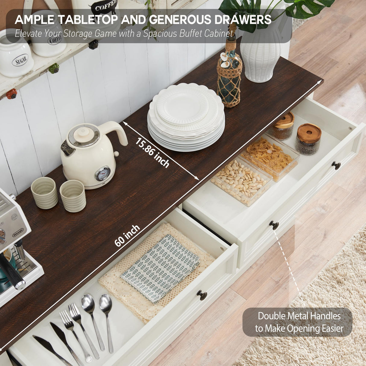 IFGET Farmhouse Buffet Cabinet, 60" Storage Cabinet w/9 Drawers, Large Wood Rustic Sideboard Cabinet w/Three Drawer Sizes, Coffee Bar Cabinet for Dinning Room, Hallway, Bedroom (White) IFGET