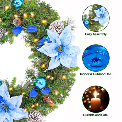 Hykolity 24 in. Pre-Lit Artificial Christmas Wreath with 50 Warm White LED Lights, 100 PE Branch Tips, Lighted Battery Operated Christmas Wreath with Flowers & Ball Ornaments, Hanger Included, Blue