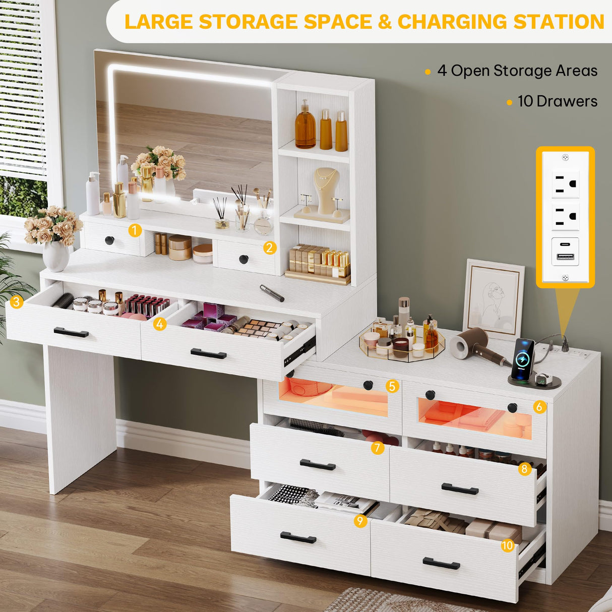 YITAHOME Vanity Desk with Mirror and Lights, RGB Makeup Vanity Table Set with 10 Drawers and 4 Storage Shelves, 3 Lighting Modes Adjustable, Large Makeup Dressing Table with Charging Station, White YITAHOME