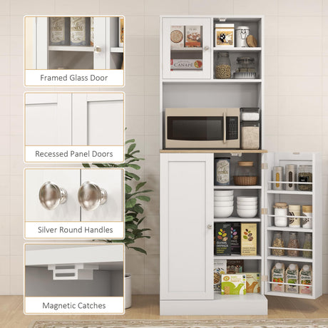 HOMCOM 66.5" Pantry Cabinet with Microwave Stand, Freestanding Kitchen Storage Cabinet with Hutch, 8 Door Shelves, Adjustable Shelves, Food Pantry Cabinet for Dining Room, White HOMCOM