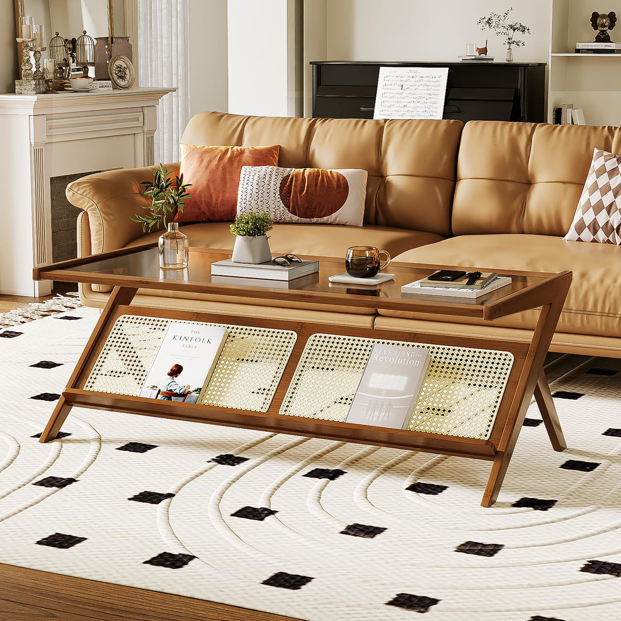 Bamworld Mid-Century Modern Coffee Table with Glass Top Rattan Center Table with Storage for Living Room Table Brown Bamworld