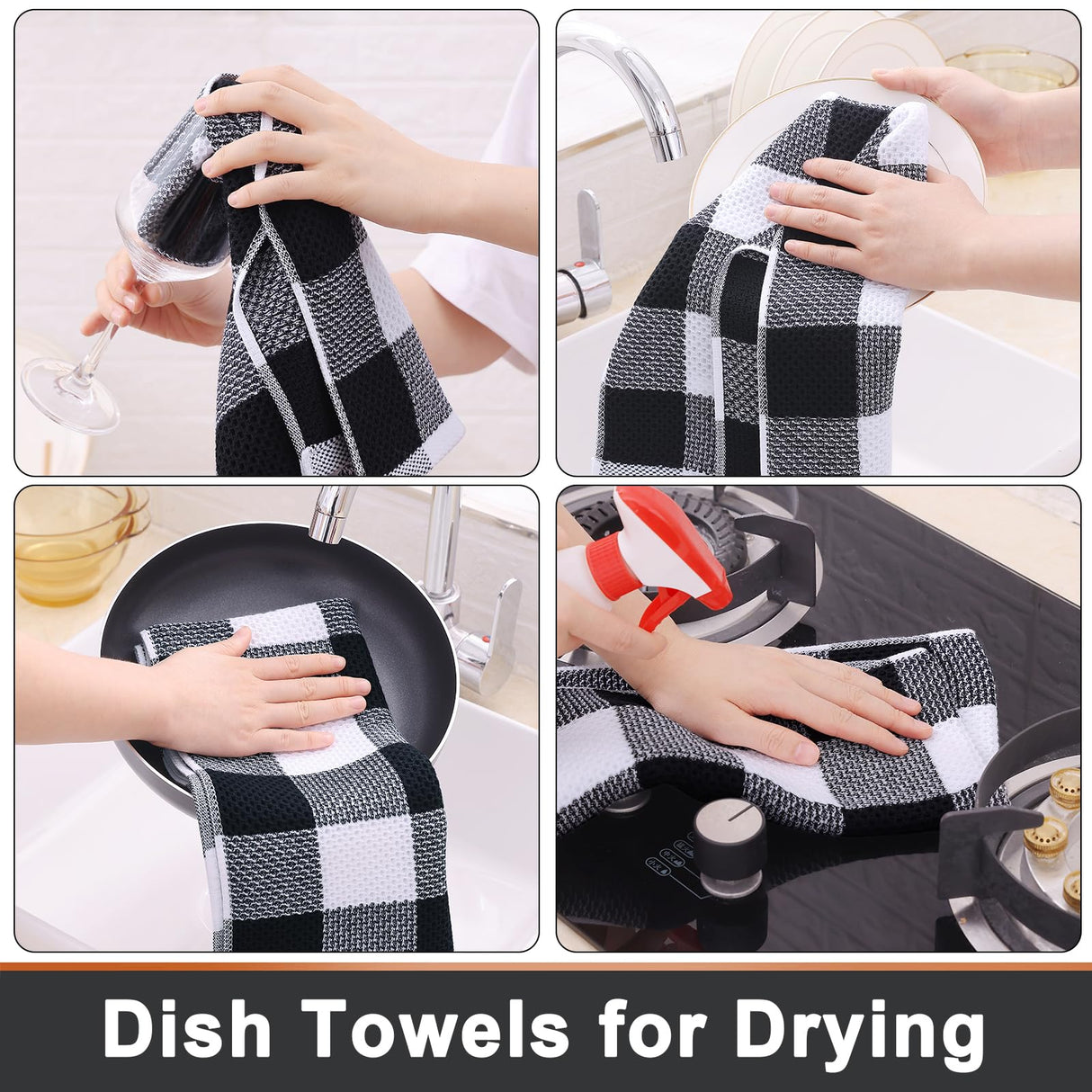 Mordimy 100% Cotton Waffle Weave Kitchen Towels, 13 x 28 Inches, Super Soft and Absorbent Buffalo Check Dish Towels for Drying Dishes, 4-Pack, Black & White Mordimy