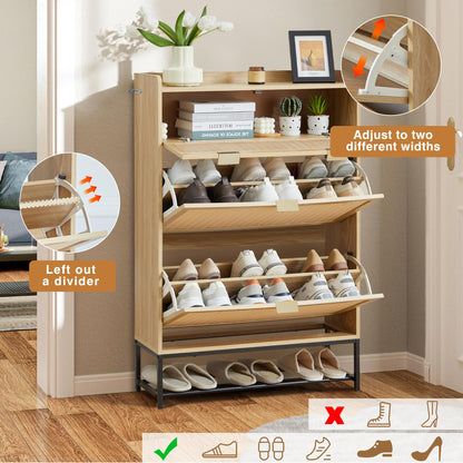 affeivul Hidden Shoe Cabinet for Entryway Slim, Free Standing Narrow Shoe Rack Cabinet Rattan Carving, 2 Flip Drawer Shoe Storage Organizer Cabinet for Closet,Door,Dorm,Garage,Small Spaces - Natural