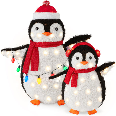 Best Choice Products 2-Piece Lighted Penguin Family, 3ft Pop-Up Outdoor Christmas Holiday Decoration w/ 150 LED Lights, Multicolored Lights - Red Best Choice Products