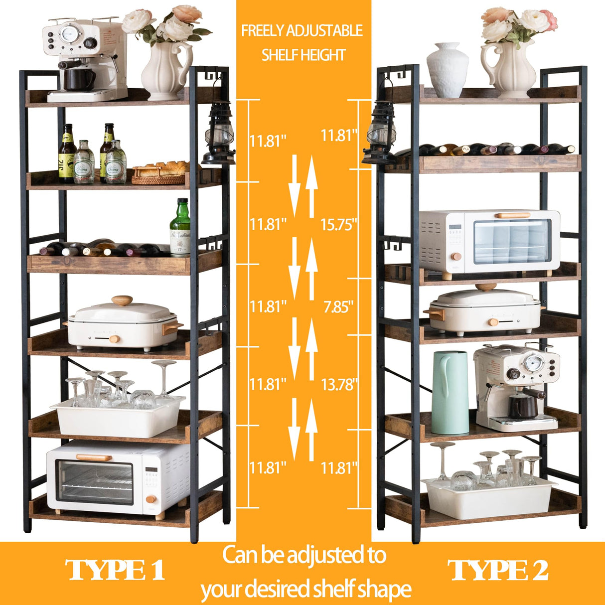 HCHQHS Adjustable 6 Tier Open Bookcase, Rustic Farmhouse Book Shelves, Industrial Wood and Black Metal Bookshelves, Mid Century Bookcase for Home Office Living Room Bedroom HCHQHS