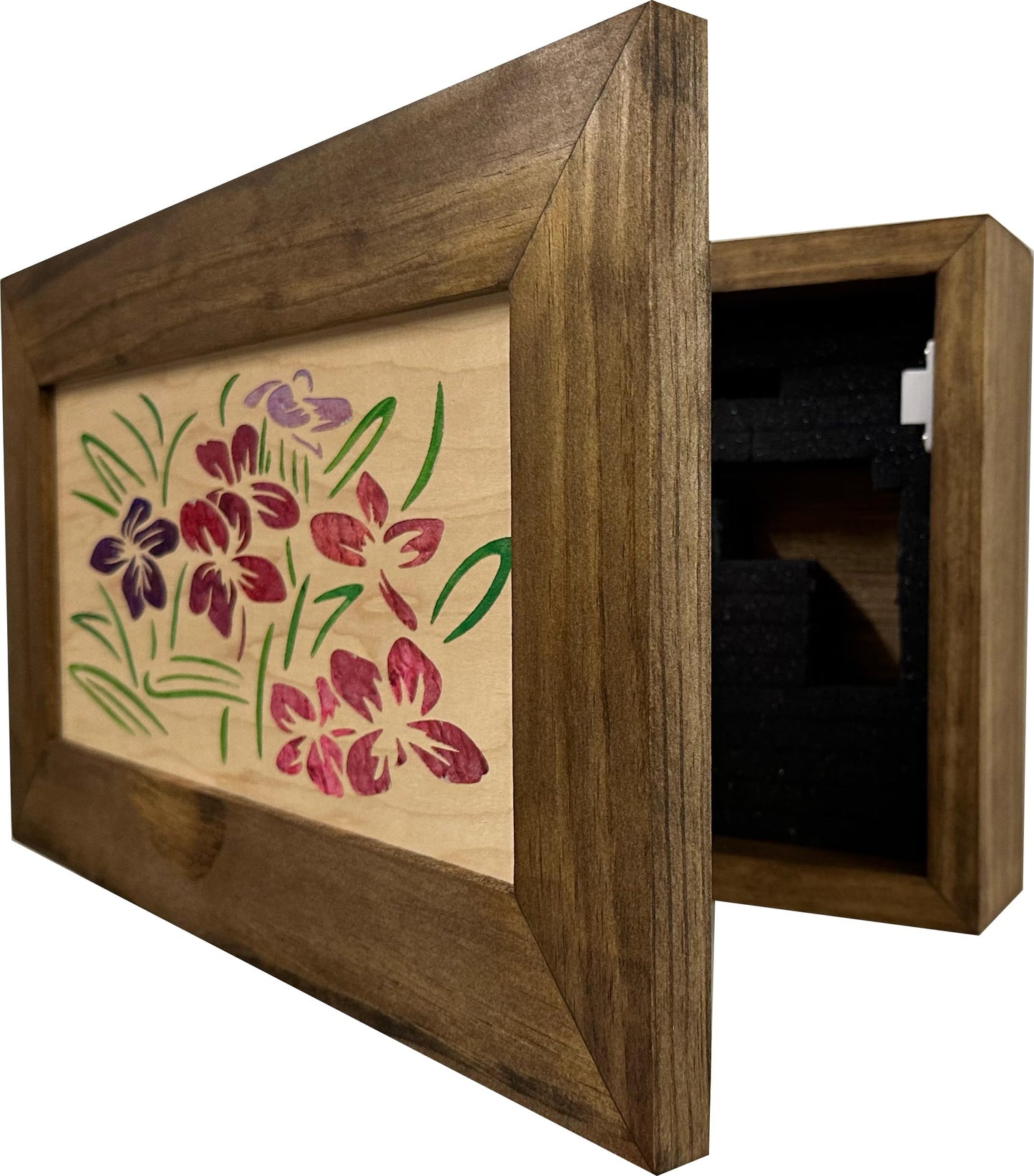 Concealed Gun Cabinet with Flowers Scene - Secure Wall Mounted Hidden Gun Safe To Securely Store Your Gun & Home Self Defense Gear by Bellewood Designs - WoodArtSupply