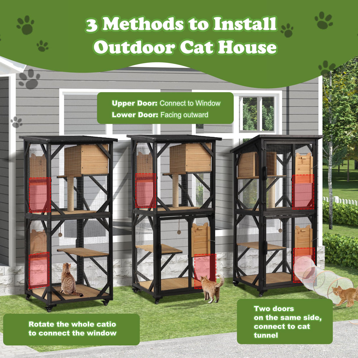 Grepatio Catio Outdoor Cat Enclosure Outside Wooden Cat House with Weatherproof Large Cat Cage Condo Outdoor Playpen with Platform and Sleep House Cat Scratching Board & Ball (Black) Grepatio