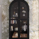 Hitow Curio Cabinet with Glass Doors, Arched Display Cabinet with Drawers & Solid Pine Legs, 34.6" W Arch Bookcase, 5-Tier Black Display Case for Collectibles, Living Room Hitow