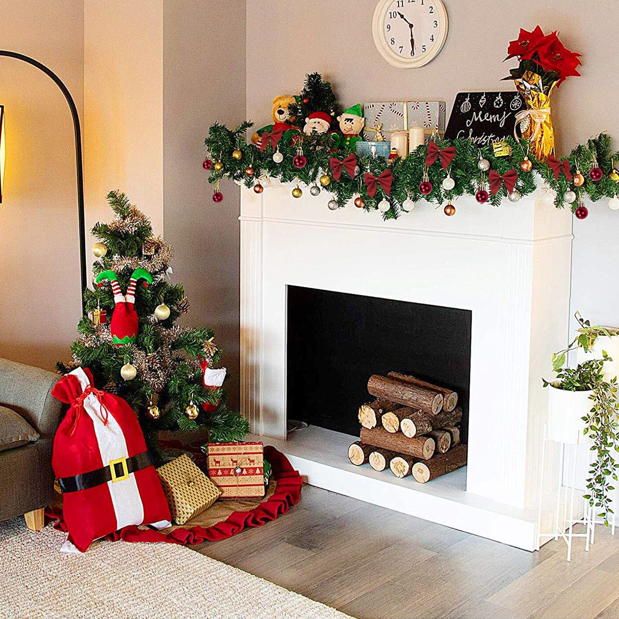 72Feet Christmas Garland, Icnice Garland Christmas Decorations with 36 Xmas Red Velvet Bow and 24Decor Ball, Artificial Pine Garland Xmas Tree Wreath Non-Lit Greenery Decoration for Home Wedding Party Icnice