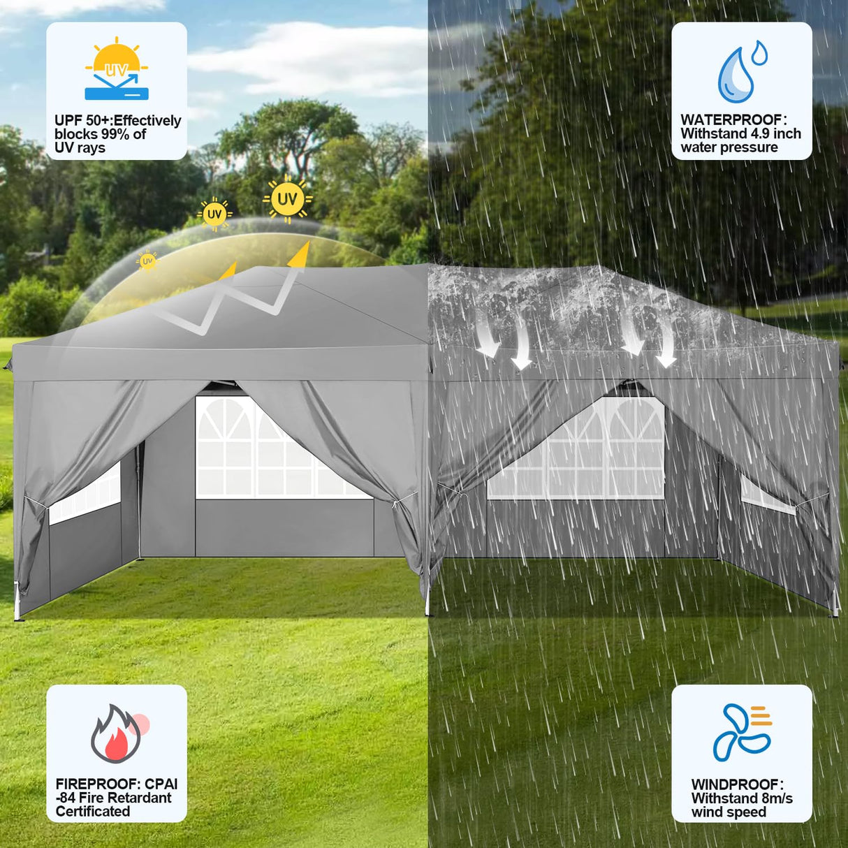 COBIZI 10x20 Pop Up Canopy Tent with 6 Sidewalls Tents for Parties Waterproof Camping Canopy Ez Up Party Tent Outdoor Portable Gazebo for Backyard Commercial Event Tent, Grey COBIZI