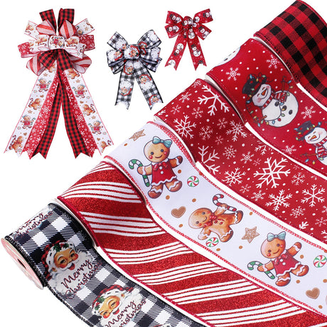 Rinoly Christmas Ribbon Wired 2.5 Inch, 6 Roll 30 Yards - Snowflake/Santa/Glitter Stripe/Buffalo Plaid Christmas Ribbon for Wreaths, Bows, Tree, DIY Crafts RINOLY