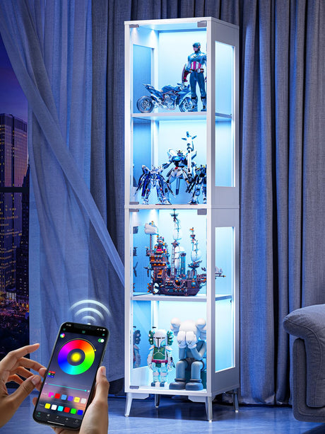 Glass Display Cabinet with Single Door, 4-Tier Display Case with Adjustable Shelves, RGB LED Lights with App & Remote Control, Metal Base Curio Storage Cabinet for Collectibles, Books, Living Room Zephome