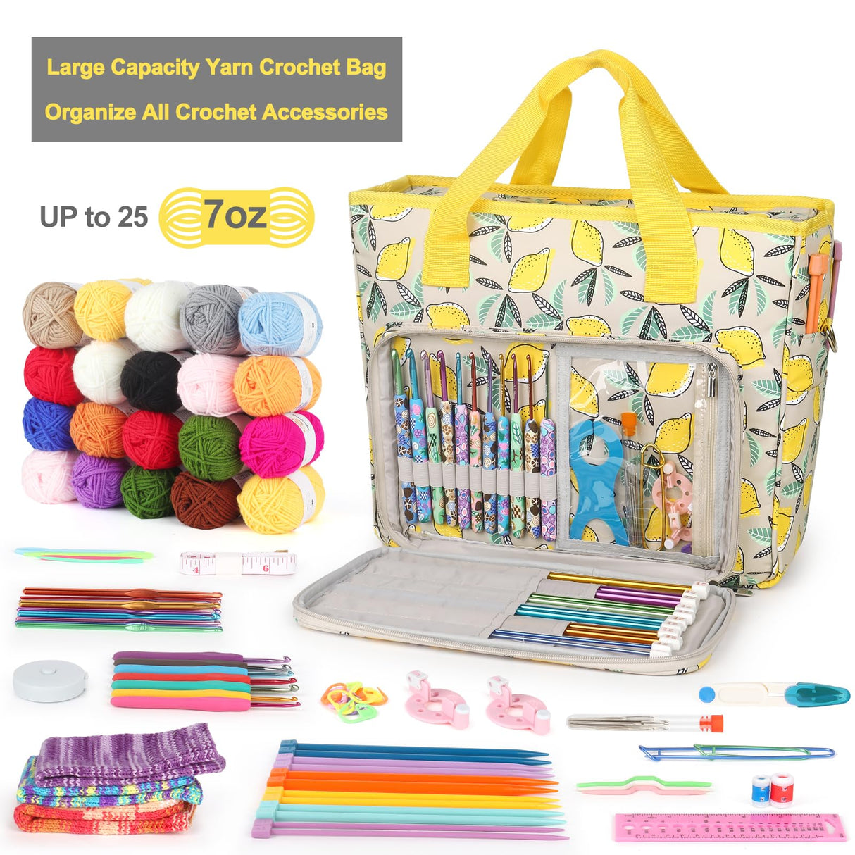 Katech Crochet Bag with Beginner Crochet Books, Large Capacity Yarn Storage Organizer Crochet Tote Bag for Carry Projects Crochet Supplies Knitting Accessories, Yarn Storage Bag with Shoulder Strap Katech